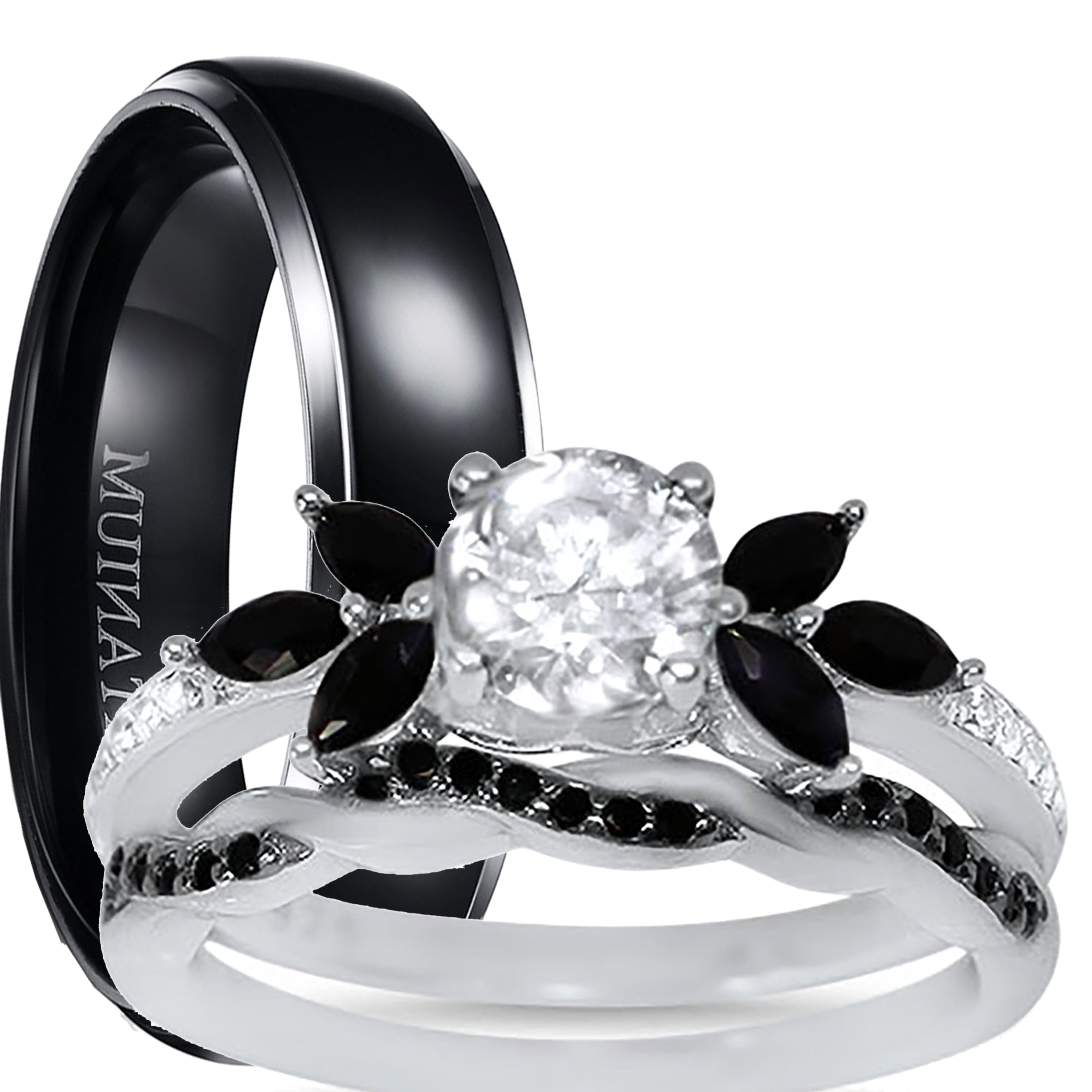 His Hers Wedding Ring Set 3 Piece TRIO Matching Couples Rings Silver Black Titanium Hers 7 His 10
